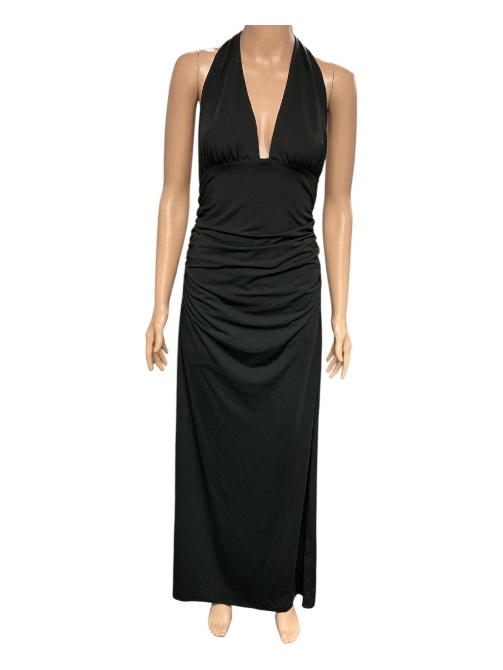 Black Halter V-Neck Ruched Maxi Dress - Timeless Evening Style